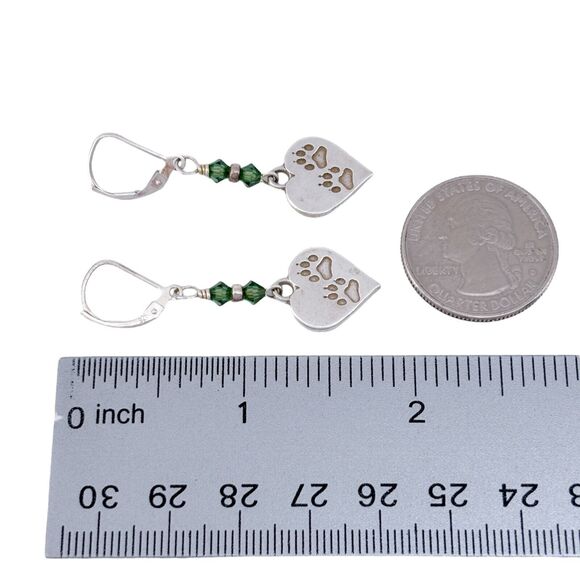 Vintage SJC Sterling Silver 925 Green Crystal Heart Paw Print Earrings - Picture 4 of 5